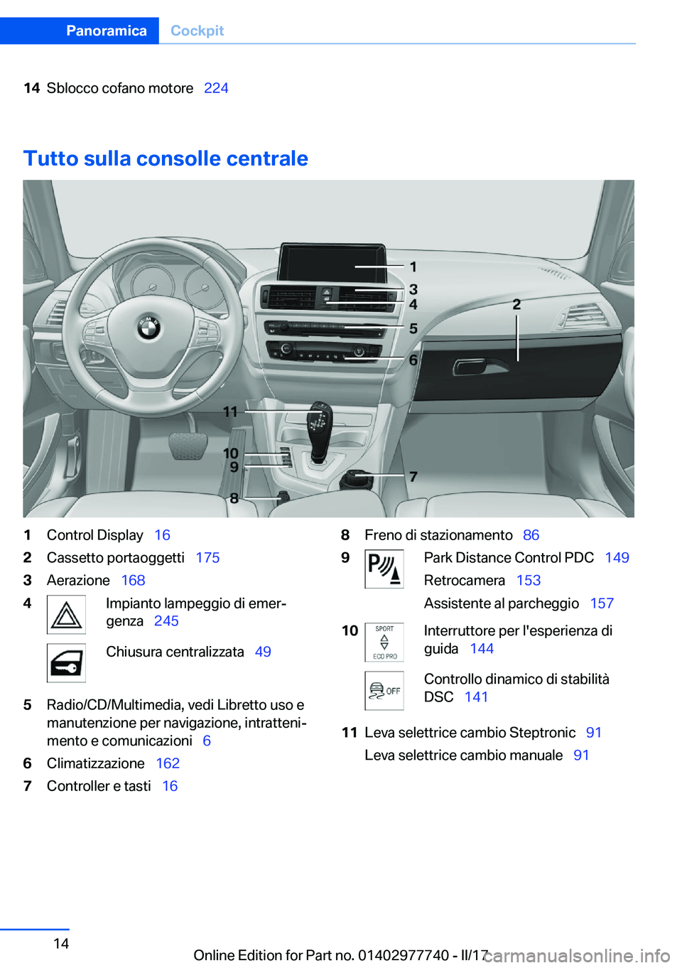 BMW 2 SERIES COUPE 2017  Libretti Di Uso E manutenzione (in Italian) �1�4�S�b�l�o�c�c�o� �c�o�f�a�n�o� �m�o�t�o�r�e\_�2�2�4
�T�u�t�t�o��s�u�l�l�a��c�o�n�s�o�l�l�e��c�e�n�t�r�a�l�e
�1�C�o�n�t�r�o�l� �D�i�s�p�l�a�y\_�1�6�2�C�a�s�s�e�t�t�o� �p�o�r�t�a�o�g�g�e�t�t�i