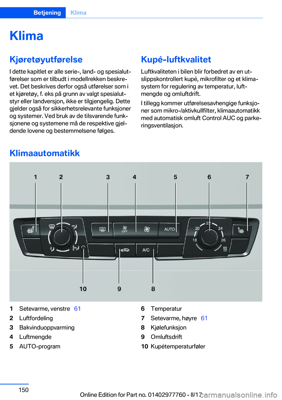 BMW 2 SERIES COUPE 2017  InstruksjonsbØker (in Norwegian) �K�l�i�m�a�K�j�