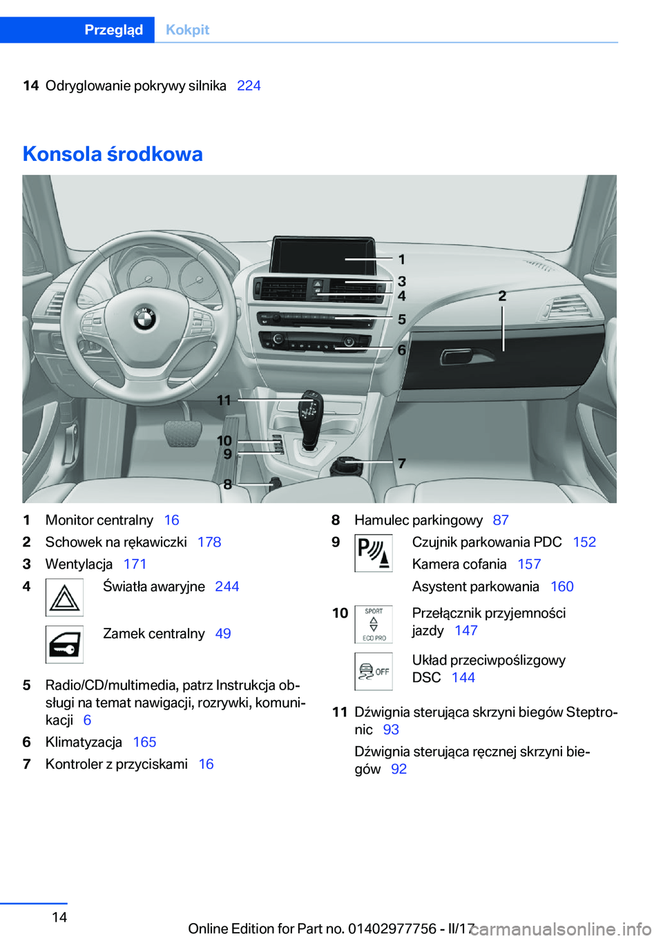 BMW 2 SERIES COUPE 2017  Instrukcja obsługi (in Polish) �1�4�O�d�r�y�g�l�o�w�a�n�i�e� �p�o�k�r�y�w�y� �s�i�l�n�i�k�a\_�2�2�4
�K�o�n�s�o�l�a��r�o�d�k�o�w�a
�1�M�o�n�i�t�o�r� �c�e�n�t�r�a�l�n�y\_�1�6�2�S�c�h�o�w�e�k� �n�a� �r�