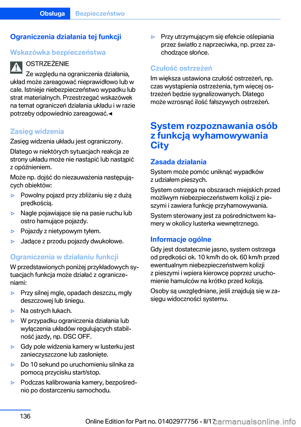 BMW 2 SERIES COUPE 2017  Instrukcja obsługi (in Polish) �O�g�r�a�n�i�c�z�e�n�i�a��d�z�i�a�ł�a�n�i�a��t�e�j��f�u�n�k�c�j�i
�W�s�k�a�z�