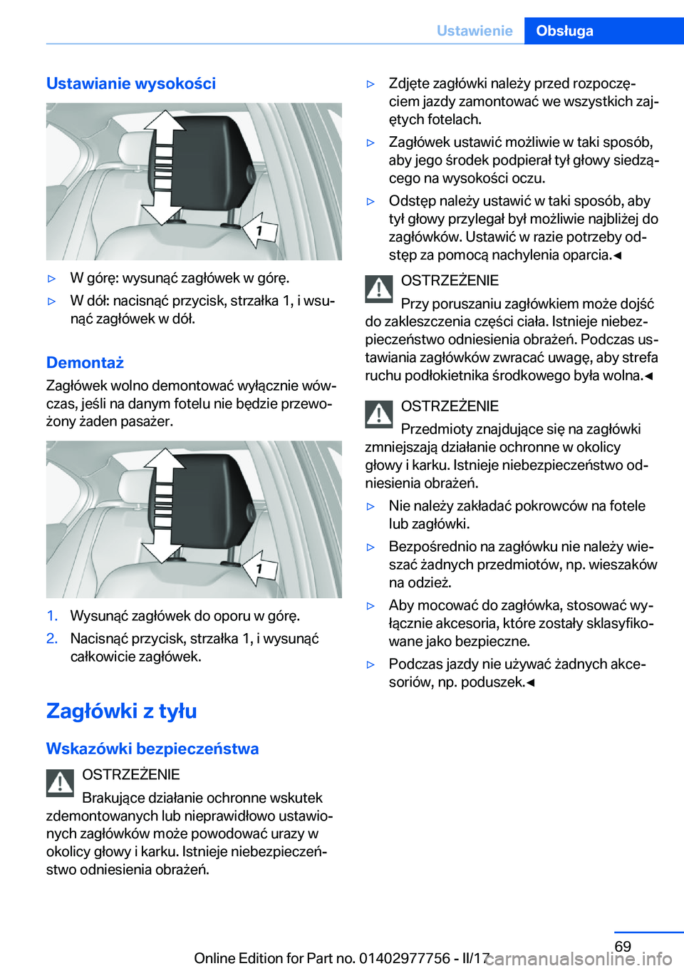 BMW 2 SERIES COUPE 2017  Instrukcja obsługi (in Polish) �U�s�t�a�w�i�a�n�i�e��w�y�s�o�k�o�c�i'y�W� �g�