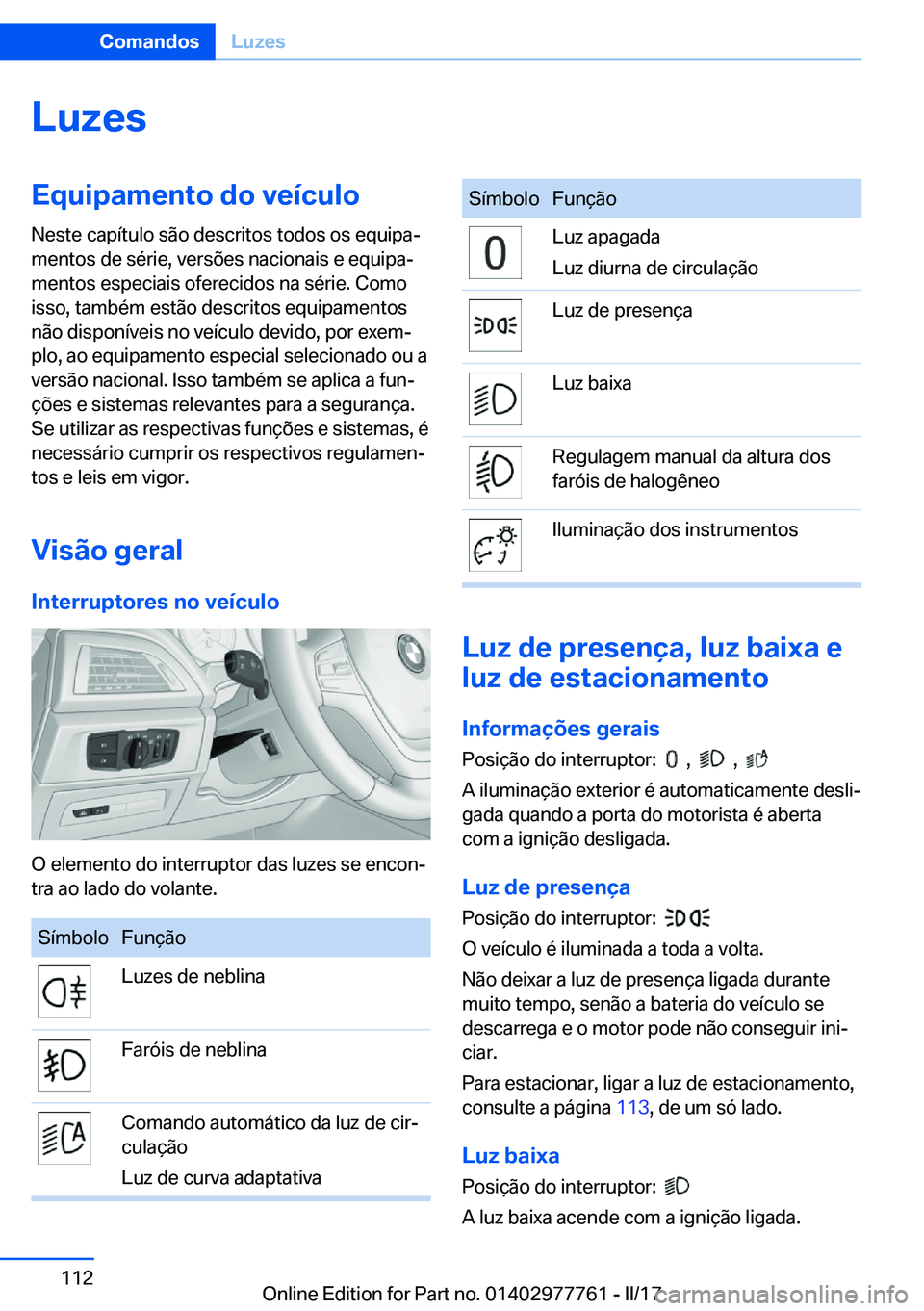 BMW 2 SERIES COUPE 2017  Manual do condutor (in Portuguese) �L�u�z�e�s�E�q�u�i�p�a�m�e�n�t�o��d�o��v�e�