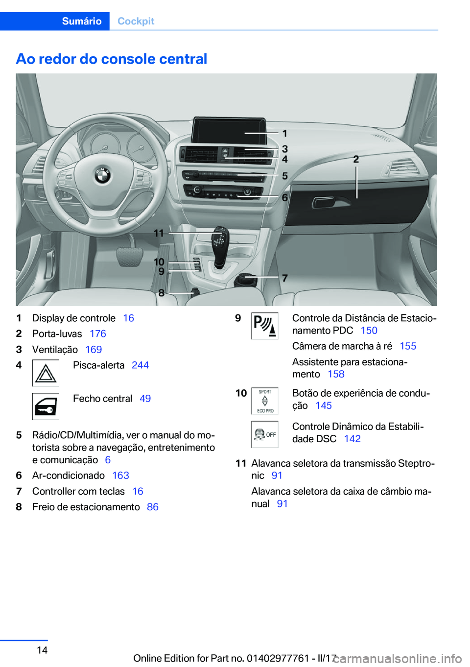 BMW 2 SERIES COUPE 2017  Manual do condutor (in Portuguese) �A�o��r�e�d�o�r��d�o��c�o�n�s�o�l�e��c�e�n�t�r�a�l�1�D�i�s�p�l�a�y� �d�e� �c�o�n�t�r�o�l�e\_�1�6�2�P�o�r�t�a�-�l�u�v�a�s\_�1�7�6�3�V�e�n�t�i�l�a�