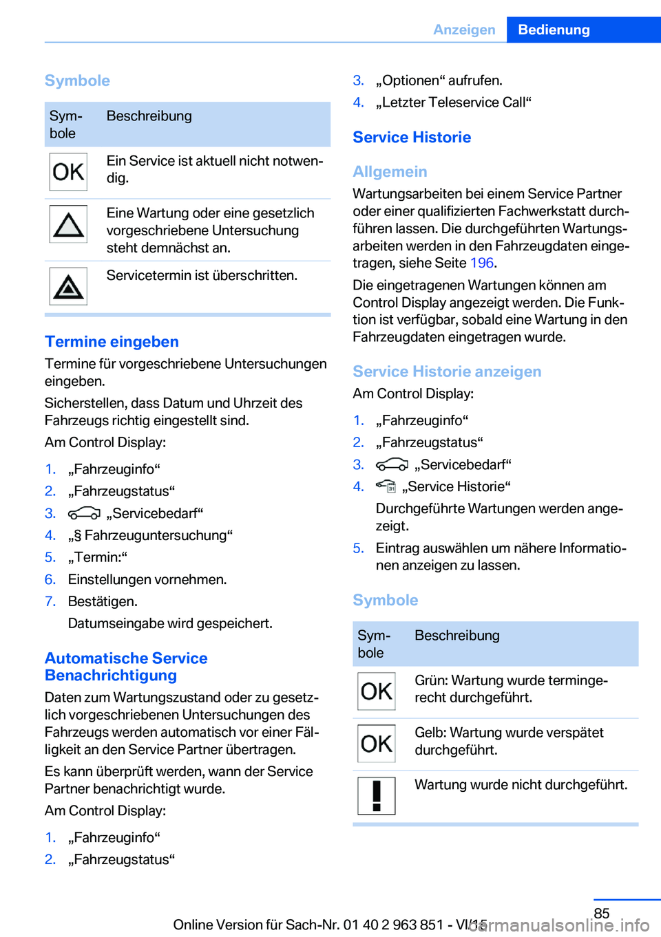 BMW 2 SERIES COUPE 2016 Betriebsanleitungen (in German) SymboleSym‐
boleBeschreibungEin Service ist aktuell nicht notwen‐
dig.Eine Wartung oder eine gesetzlich
vorgeschriebene Untersuchung
steht demnächst an.Servicetermin ist überschritten.
Termine e BMW 2 SERIES COUPE 2016 Betriebsanleitungen (in German) SymboleSym‐
boleBeschreibungEin Service ist aktuell nicht notwen‐
dig.Eine Wartung oder eine gesetzlich
vorgeschriebene Untersuchung
steht demnächst an.Servicetermin ist überschritten.
Termine e