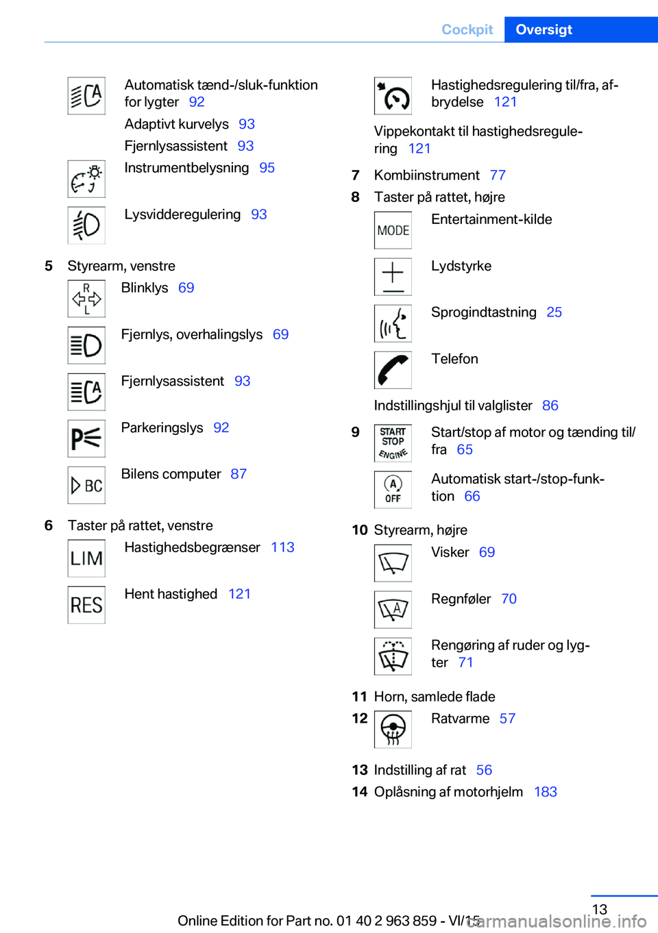 BMW 2 SERIES COUPE 2016 InstruktionsbØger (in Danish) Automatisk tænd-/sluk-funktion
for lygter 92
Adaptivt kurvelys 93
Fjernlysassistent 93Instrumentbelysning 95Lysvidderegulering 935Styrearm, venstreBlinklys 69Fjernly BMW 2 SERIES COUPE 2016 InstruktionsbØger (in Danish) Automatisk tænd-/sluk-funktion
for lygter 92
Adaptivt kurvelys 93
Fjernlysassistent 93Instrumentbelysning 95Lysvidderegulering 935Styrearm, venstreBlinklys 69Fjernly