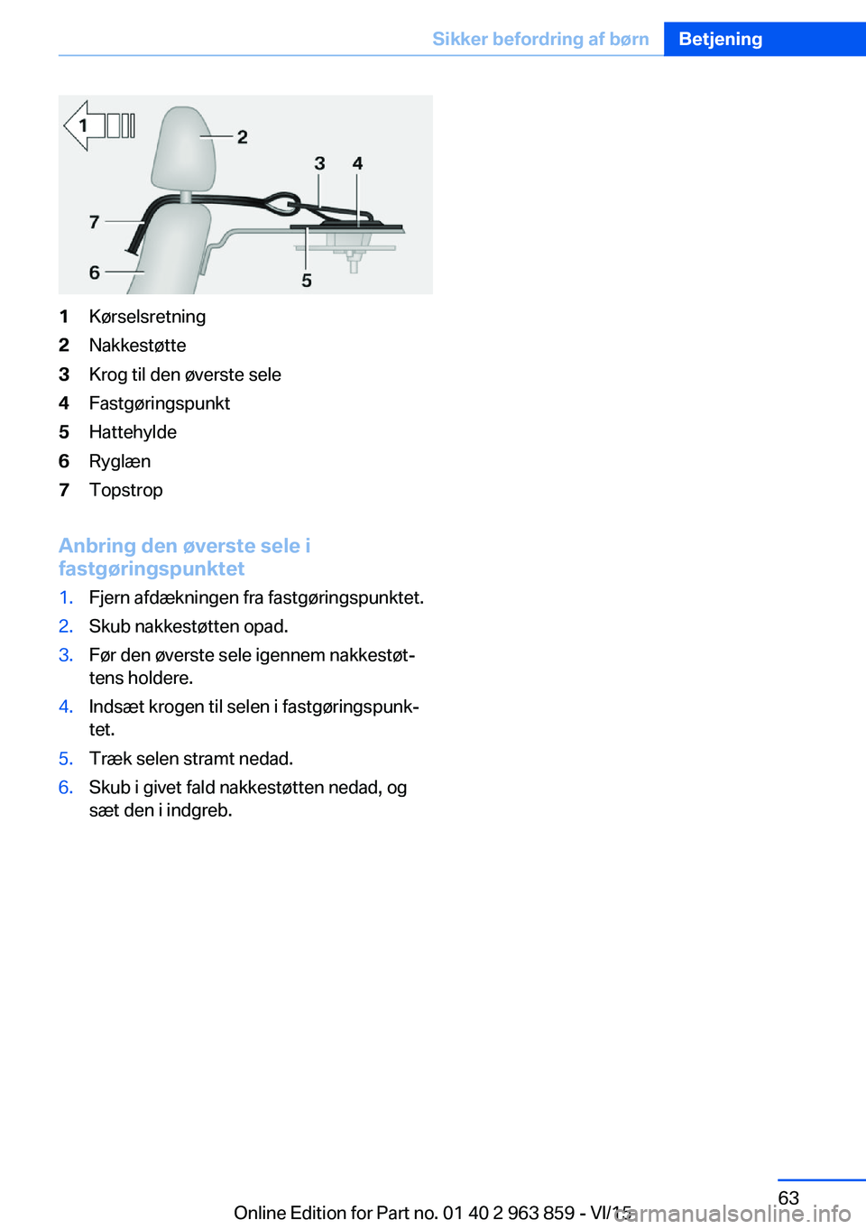 BMW 2 SERIES COUPE 2016 InstruktionsbØger (in Danish) 1Kørselsretning2Nakkestøtte3Krog til den øverste sele4Fastgøringspunkt5Hattehylde6Ryglæn7Topstrop
Anbring den øverste sele i
fastgøringspunktet
1.Fjern afdækningen fra fastgøringspunktet.2.Sk BMW 2 SERIES COUPE 2016 InstruktionsbØger (in Danish) 1Kørselsretning2Nakkestøtte3Krog til den øverste sele4Fastgøringspunkt5Hattehylde6Ryglæn7Topstrop
Anbring den øverste sele i
fastgøringspunktet
1.Fjern afdækningen fra fastgøringspunktet.2.Sk