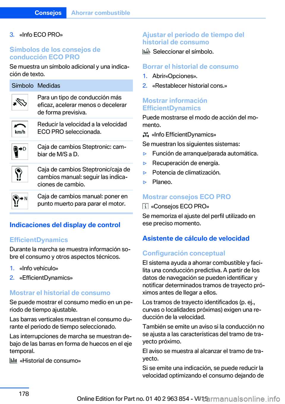 BMW 2 SERIES COUPE 2016 Manuales de Empleo (in Spanish) 3.«Info ECO PRO»
Símbolos de los consejos de
conducción ECO PRO
Se muestra un símbolo adicional y una indica‐
ción de texto.
SímboloMedidasPara un tipo de conducción más
eficaz, acelerar me BMW 2 SERIES COUPE 2016 Manuales de Empleo (in Spanish) 3.«Info ECO PRO»
Símbolos de los consejos de
conducción ECO PRO
Se muestra un símbolo adicional y una indica‐
ción de texto.
SímboloMedidasPara un tipo de conducción más
eficaz, acelerar me