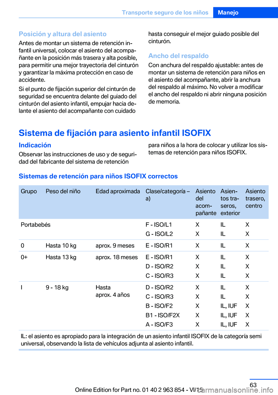 BMW 2 SERIES COUPE 2016 Manuales de Empleo (in Spanish) Posición y altura del asiento
Antes de montar un sistema de retención in‐
fantil universal, colocar el asiento del acompa‐
ñante en la posición más trasera y alta posible,
para permitir una m BMW 2 SERIES COUPE 2016 Manuales de Empleo (in Spanish) Posición y altura del asiento
Antes de montar un sistema de retención in‐
fantil universal, colocar el asiento del acompa‐
ñante en la posición más trasera y alta posible,
para permitir una m