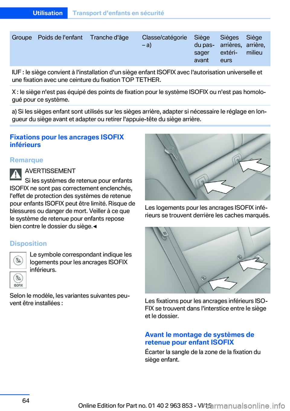 BMW 2 SERIES COUPE 2016 Notices Demploi (in French) GroupePoids de l'enfantTranche d'âgeClasse/catégorie
– a)Siège
du pas‐
sager
avantSièges
arrières,
extéri‐
eursSiège
arrière,
milieuIUF : le siège convient à l'installation BMW 2 SERIES COUPE 2016 Notices Demploi (in French) GroupePoids de l'enfantTranche d'âgeClasse/catégorie
– a)Siège
du pas‐
sager
avantSièges
arrières,
extéri‐
eursSiège
arrière,
milieuIUF : le siège convient à l'installation