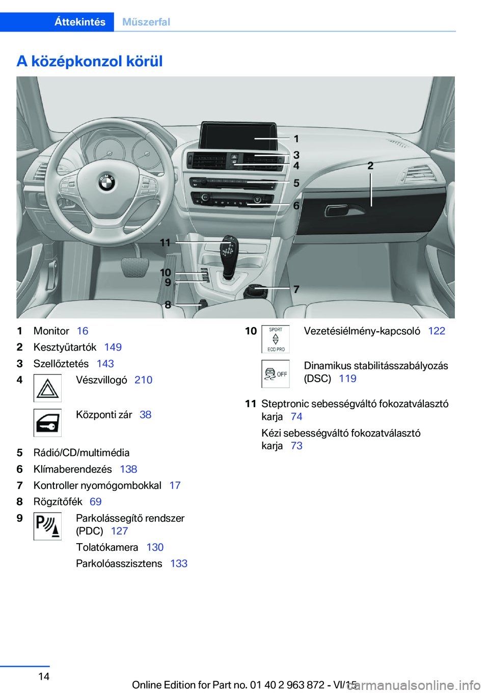 BMW 2 SERIES COUPE 2016 Kezelési útmutató (in Hungarian) A középkonzol körül1Monitor 162Kesztyűtartók 1493Szellőztetés 1434Vészvillogó 210Központi zár 385Rádió/CD/multimédia6Klímaberendezés 1387Kontroller ny BMW 2 SERIES COUPE 2016 Kezelési útmutató (in Hungarian) A középkonzol körül1Monitor 162Kesztyűtartók 1493Szellőztetés 1434Vészvillogó 210Központi zár 385Rádió/CD/multimédia6Klímaberendezés 1387Kontroller ny