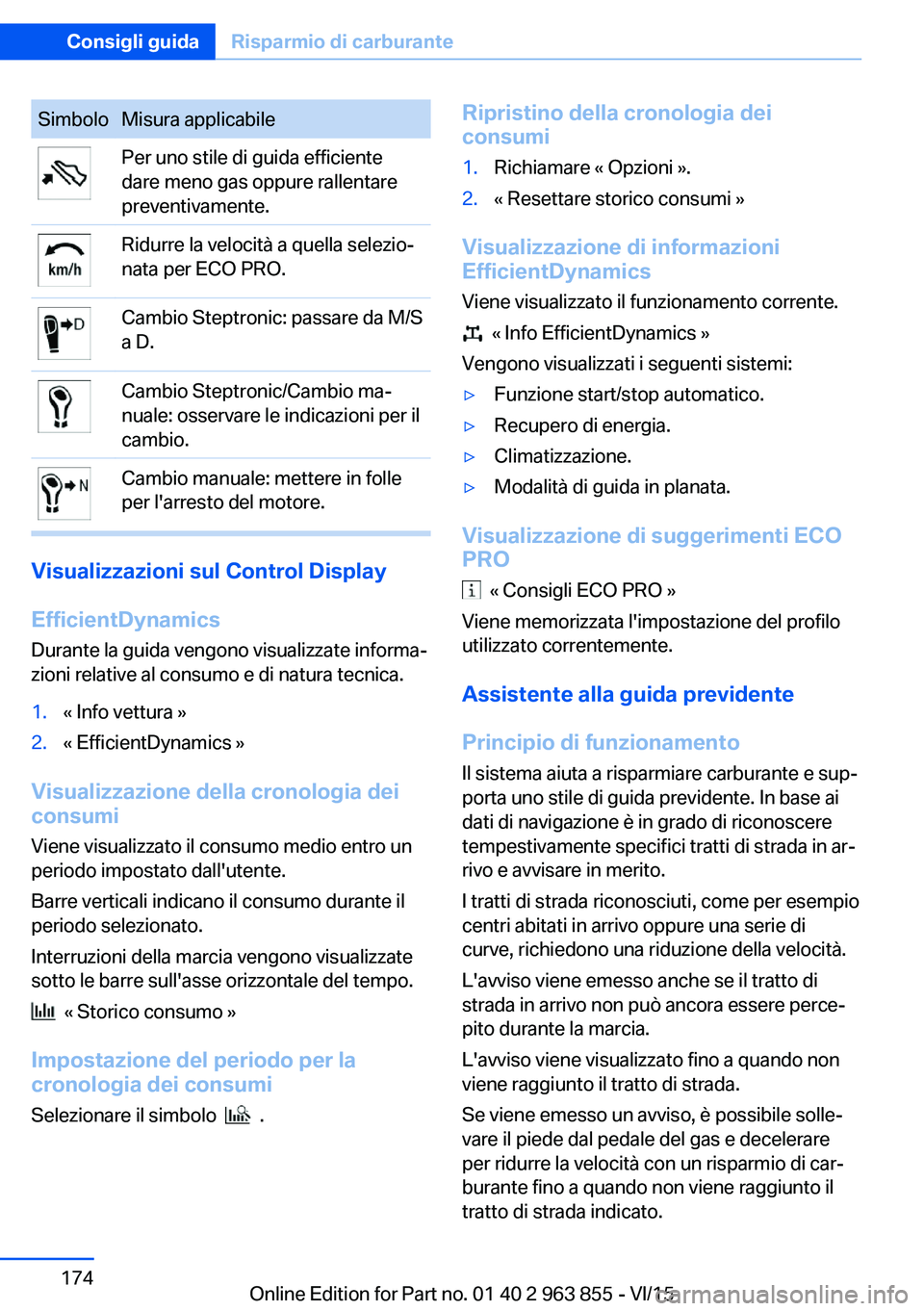 BMW 2 SERIES COUPE 2016 Libretti Di Uso E manutenzione (in Italian) SimboloMisura applicabilePer uno stile di guida efficiente
dare meno gas oppure rallentare
preventivamente.Ridurre la velocità a quella selezio‐
nata per ECO PRO.Cambio Steptronic: passare da M/S
a BMW 2 SERIES COUPE 2016 Libretti Di Uso E manutenzione (in Italian) SimboloMisura applicabilePer uno stile di guida efficiente
dare meno gas oppure rallentare
preventivamente.Ridurre la velocità a quella selezio‐
nata per ECO PRO.Cambio Steptronic: passare da M/S
a