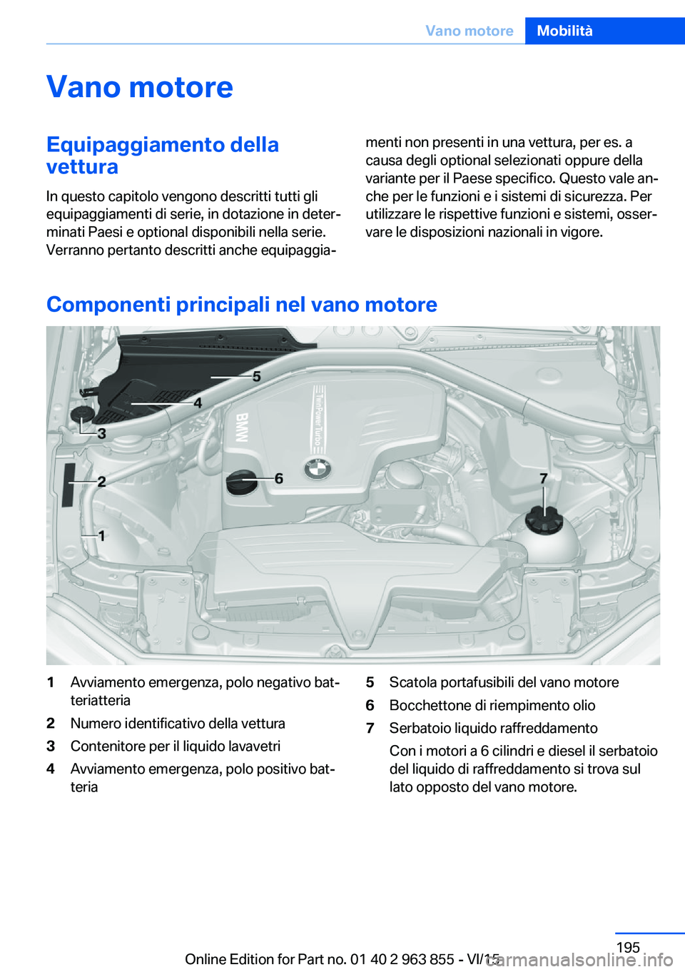 BMW 2 SERIES COUPE 2016 Libretti Di Uso E manutenzione (in Italian) Vano motoreEquipaggiamento della
vettura
In questo capitolo vengono descritti tutti gli
equipaggiamenti di serie, in dotazione in deter‐
minati Paesi e optional disponibili nella serie.
Verranno per BMW 2 SERIES COUPE 2016 Libretti Di Uso E manutenzione (in Italian) Vano motoreEquipaggiamento della
vettura
In questo capitolo vengono descritti tutti gli
equipaggiamenti di serie, in dotazione in deter‐
minati Paesi e optional disponibili nella serie.
Verranno per