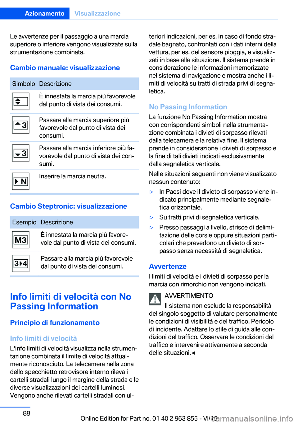 BMW 2 SERIES COUPE 2016 Libretti Di Uso E manutenzione (in Italian) Le avvertenze per il passaggio a una marcia
superiore o inferiore vengono visualizzate sulla
strumentazione combinata.
Cambio manuale: visualizzazioneSimboloDescrizioneÈ innestata la marcia più favo BMW 2 SERIES COUPE 2016 Libretti Di Uso E manutenzione (in Italian) Le avvertenze per il passaggio a una marcia
superiore o inferiore vengono visualizzate sulla
strumentazione combinata.
Cambio manuale: visualizzazioneSimboloDescrizioneÈ innestata la marcia più favo