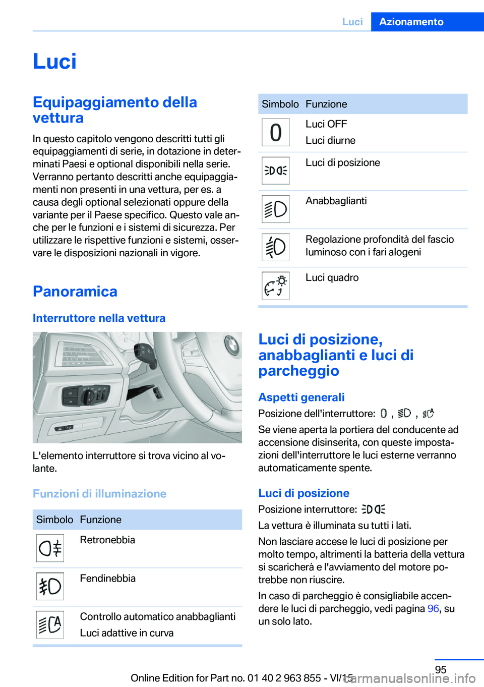BMW 2 SERIES COUPE 2016 Libretti Di Uso E manutenzione (in Italian) LuciEquipaggiamento della
vettura
In questo capitolo vengono descritti tutti gli
equipaggiamenti di serie, in dotazione in deter‐
minati Paesi e optional disponibili nella serie.
Verranno pertanto d BMW 2 SERIES COUPE 2016 Libretti Di Uso E manutenzione (in Italian) LuciEquipaggiamento della
vettura
In questo capitolo vengono descritti tutti gli
equipaggiamenti di serie, in dotazione in deter‐
minati Paesi e optional disponibili nella serie.
Verranno pertanto d
