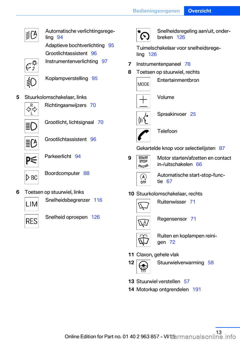 BMW 2 SERIES COUPE 2016  Instructieboekjes (in Dutch) Automatische verlichtingsrege‐
ling   94
Adaptieve bochtverlichting   95
Grootlichtassistent   96Instrumentenverlichting   97Koplampverstelling  955Stuurkolomschakelaar, linksRic