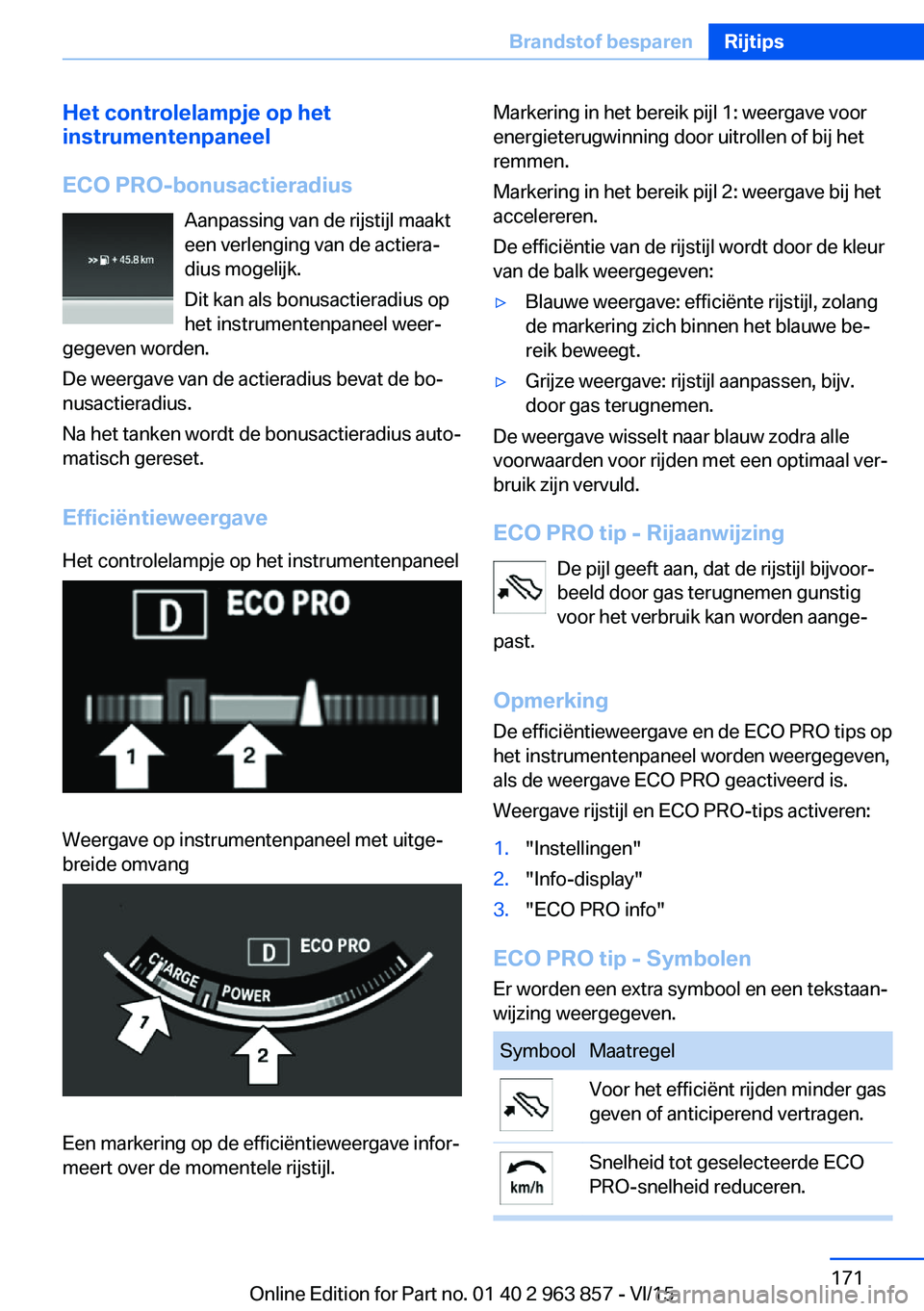 BMW 2 SERIES COUPE 2016 Instructieboekjes (in Dutch) Het controlelampje op het
instrumentenpaneel
ECO PRO-bonusactieradius Aanpassing van de rijstijl maakt
een verlenging van de actiera‐
dius mogelijk.
Dit kan als bonusactieradius op
het instrumentenp BMW 2 SERIES COUPE 2016 Instructieboekjes (in Dutch) Het controlelampje op het
instrumentenpaneel
ECO PRO-bonusactieradius Aanpassing van de rijstijl maakt
een verlenging van de actiera‐
dius mogelijk.
Dit kan als bonusactieradius op
het instrumentenp
