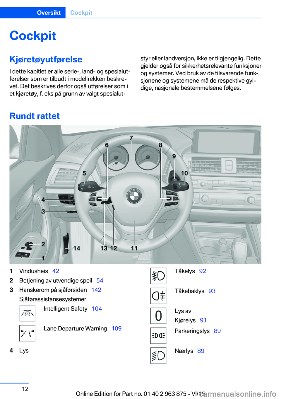 BMW 2 SERIES COUPE 2016 InstruksjonsbØker (in Norwegian) CockpitKjøretøyutførelse
I dette kapitlet er alle serie-, land- og spesialut‐
førelser som er tilbudt i modellrekken beskre‐
vet. Det beskrives derfor også utførelser som i
et kjøretøy, f. BMW 2 SERIES COUPE 2016 InstruksjonsbØker (in Norwegian) CockpitKjøretøyutførelse
I dette kapitlet er alle serie-, land- og spesialut‐
førelser som er tilbudt i modellrekken beskre‐
vet. Det beskrives derfor også utførelser som i
et kjøretøy, f.