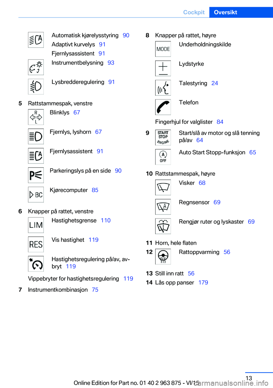 BMW 2 SERIES COUPE 2016 InstruksjonsbØker (in Norwegian) Automatisk kjørelysstyring 90
Adaptivt kurvelys 91
Fjernlysassistent 91Instrumentbelysning 93Lysbredderegulering 915Rattstammespak, venstreBlinklys 67Fjernlys, lysho BMW 2 SERIES COUPE 2016 InstruksjonsbØker (in Norwegian) Automatisk kjørelysstyring 90
Adaptivt kurvelys 91
Fjernlysassistent 91Instrumentbelysning 93Lysbredderegulering 915Rattstammespak, venstreBlinklys 67Fjernlys, lysho