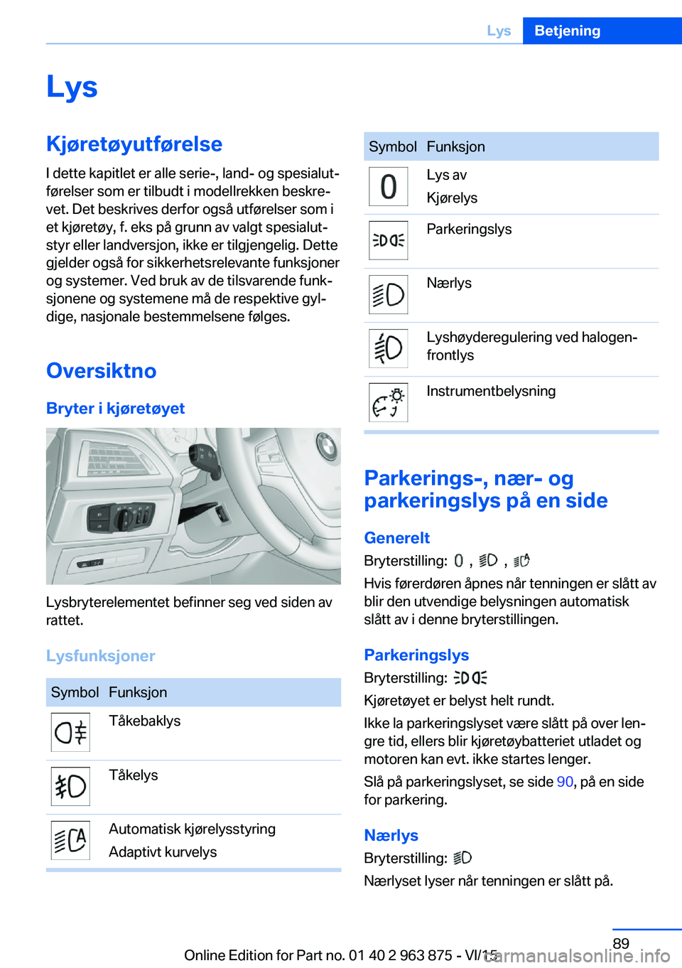 BMW 2 SERIES COUPE 2016 InstruksjonsbØker (in Norwegian) LysKjøretøyutførelseI dette kapitlet er alle serie-, land- og spesialut‐
førelser som er tilbudt i modellrekken beskre‐
vet. Det beskrives derfor også utførelser som i
et kjøretøy, f. eks BMW 2 SERIES COUPE 2016 InstruksjonsbØker (in Norwegian) LysKjøretøyutførelseI dette kapitlet er alle serie-, land- og spesialut‐
førelser som er tilbudt i modellrekken beskre‐
vet. Det beskrives derfor også utførelser som i
et kjøretøy, f. eks