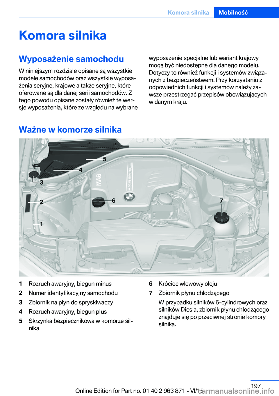 BMW 2 SERIES COUPE 2016 Instrukcja obsługi (in Polish) Komora silnikaWyposażenie samochodu
W niniejszym rozdziale opisane są wszystkie
modele samochodów oraz wszystkie wyposa‐
żenia seryjne, krajowe a także seryjne, które
oferowane są dla danej s BMW 2 SERIES COUPE 2016 Instrukcja obsługi (in Polish) Komora silnikaWyposażenie samochodu
W niniejszym rozdziale opisane są wszystkie
modele samochodów oraz wszystkie wyposa‐
żenia seryjne, krajowe a także seryjne, które
oferowane są dla danej s