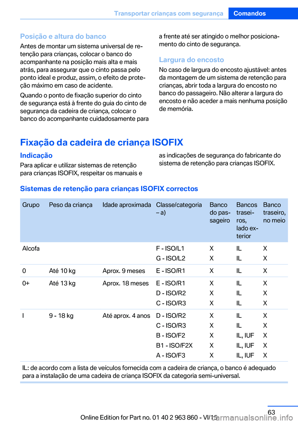 BMW 2 SERIES COUPE 2016 Manual do condutor (in Portuguese) Posição e altura do bancoAntes de montar um sistema universal de re‐
tenção para crianças, colocar o banco do
acompanhante na posição mais alta e mais
atrás, para assegurar que o cinto passa BMW 2 SERIES COUPE 2016 Manual do condutor (in Portuguese) Posição e altura do bancoAntes de montar um sistema universal de re‐
tenção para crianças, colocar o banco do
acompanhante na posição mais alta e mais
atrás, para assegurar que o cinto passa
