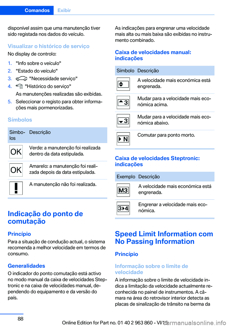 BMW 2 SERIES COUPE 2016 Manual do condutor (in Portuguese) disponível assim que uma manutenção tiver
sido registada nos dados do veículo.
Visualizar o histórico de serviço
No display de controlo:1."Info sobre o veículo"2."Estado do veículo BMW 2 SERIES COUPE 2016 Manual do condutor (in Portuguese) disponível assim que uma manutenção tiver
sido registada nos dados do veículo.
Visualizar o histórico de serviço
No display de controlo:1."Info sobre o veículo"2."Estado do veículo
