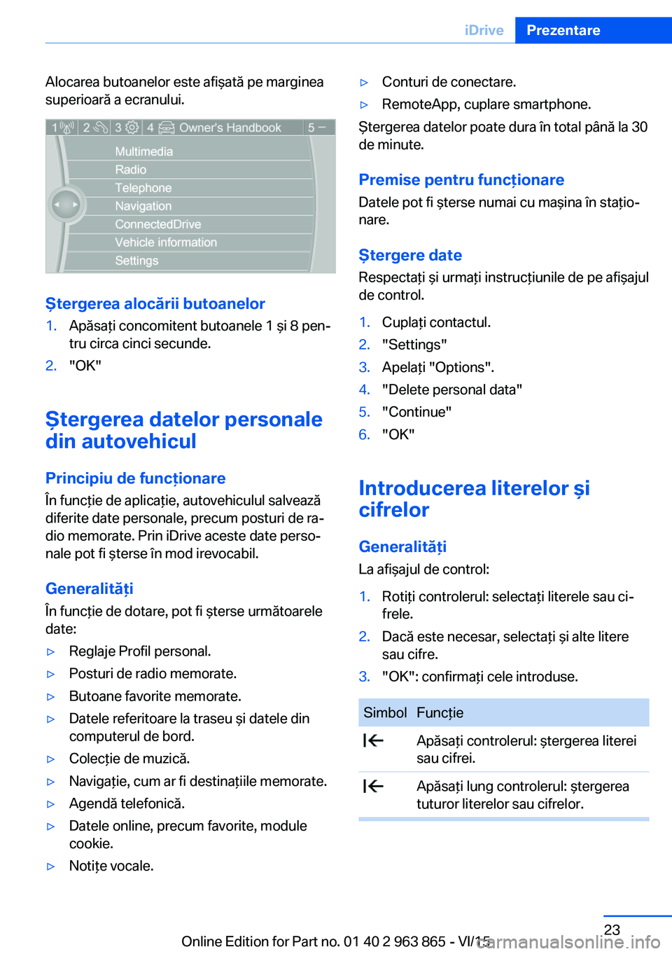 BMW 2 SERIES COUPE 2016 Ghiduri De Utilizare (in Romanian) Alocarea butoanelor este afişată pe marginea
superioară a ecranului.
Ştergerea alocării butoanelor
1.Apăsaţi concomitent butoanele 1 şi 8 pen‐
tru circa cinci secunde.2."OK"
Şterger BMW 2 SERIES COUPE 2016 Ghiduri De Utilizare (in Romanian) Alocarea butoanelor este afişată pe marginea
superioară a ecranului.
Ştergerea alocării butoanelor
1.Apăsaţi concomitent butoanele 1 şi 8 pen‐
tru circa cinci secunde.2."OK"
Şterger