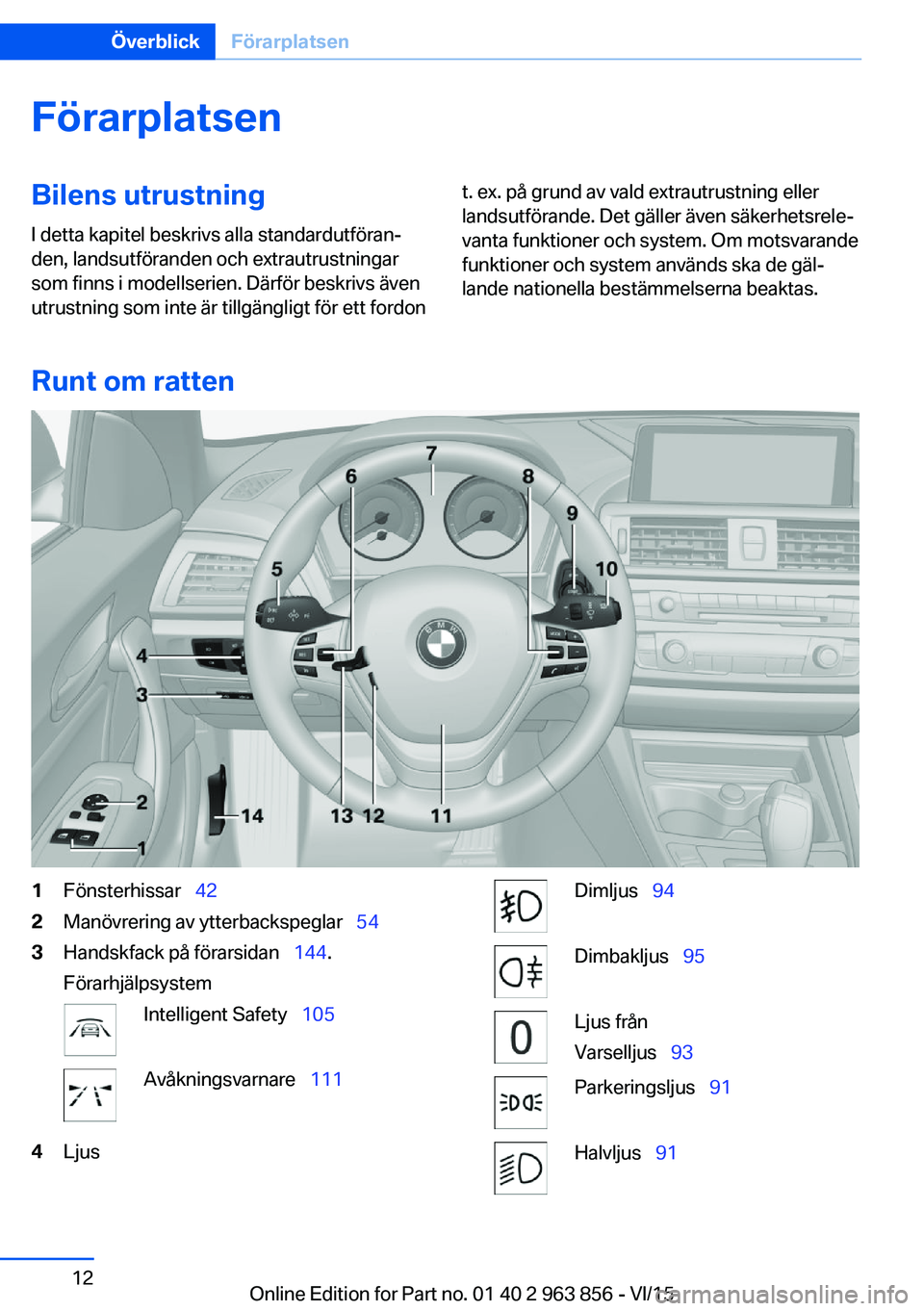 BMW 2 SERIES COUPE 2016 InstruktionsbÖcker (in Swedish) FörarplatsenBilens utrustningI detta kapitel beskrivs alla standardutföran‐
den, landsutföranden och extrautrustningar
som finns i modellserien. Därför beskrivs även
utrustning som inte är ti BMW 2 SERIES COUPE 2016 InstruktionsbÖcker (in Swedish) FörarplatsenBilens utrustningI detta kapitel beskrivs alla standardutföran‐
den, landsutföranden och extrautrustningar
som finns i modellserien. Därför beskrivs även
utrustning som inte är ti