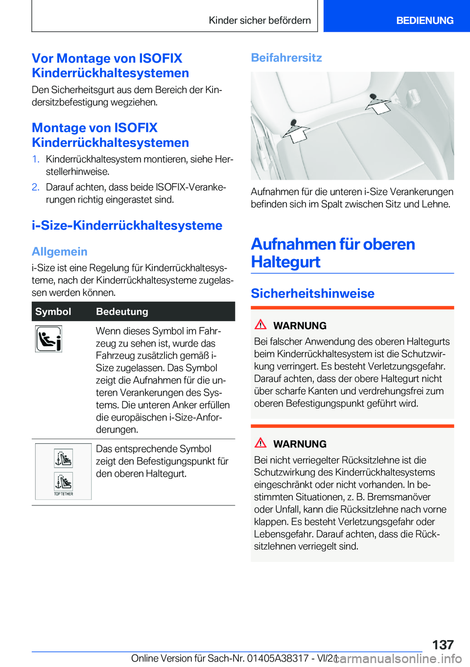 BMW 2 SERIES GRAN COUPE 2022  Betriebsanleitungen (in German) �V�o�r��M�o�n�t�a�g�e��v�o�n��I�S�O�F�I�X
�K�i�n�d�e�r�r�