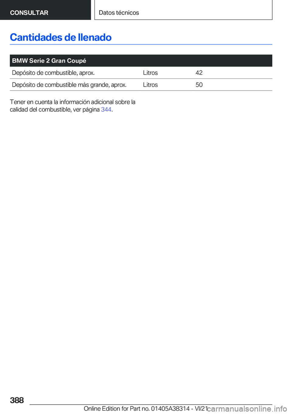 BMW 2 SERIES GRAN COUPE 2022  Manuales de Empleo (in Spanish) �C�a�n�t�i�d�a�d�e�s��d�e��l�l�e�n�a�d�o
�
�B�M�W��S�e�r�i�e��2��G�r�a�n��C�o�u�p�