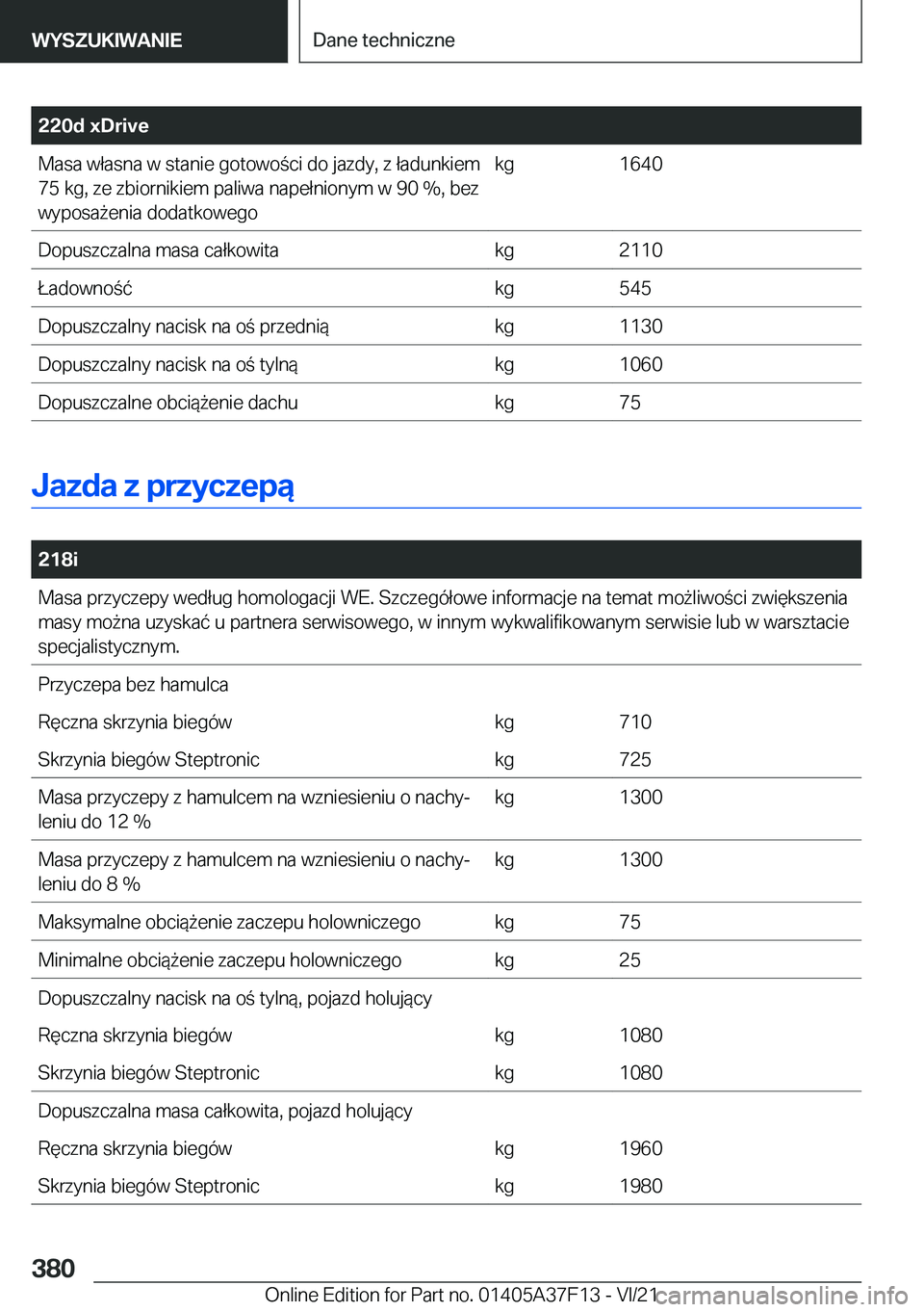 BMW 2 SERIES GRAN COUPE 2022  Instrukcja obsługi (in Polish) �2�2�0�d��x�D�r�i�v�e�M�a�s�a��w�ł�a�s�n�a��w��s�t�a�n�i�e��g�o�t�o�w�o�c�i��d�o��j�a�z�d�y�,��z��ł�a�d�u�n�k�i�e�m
�7�5��k�g�,��z�e��z�b�i�o�r�n�i�k�i�e�m��p�a�l�i�w�a��n�a�p�e�ł�n