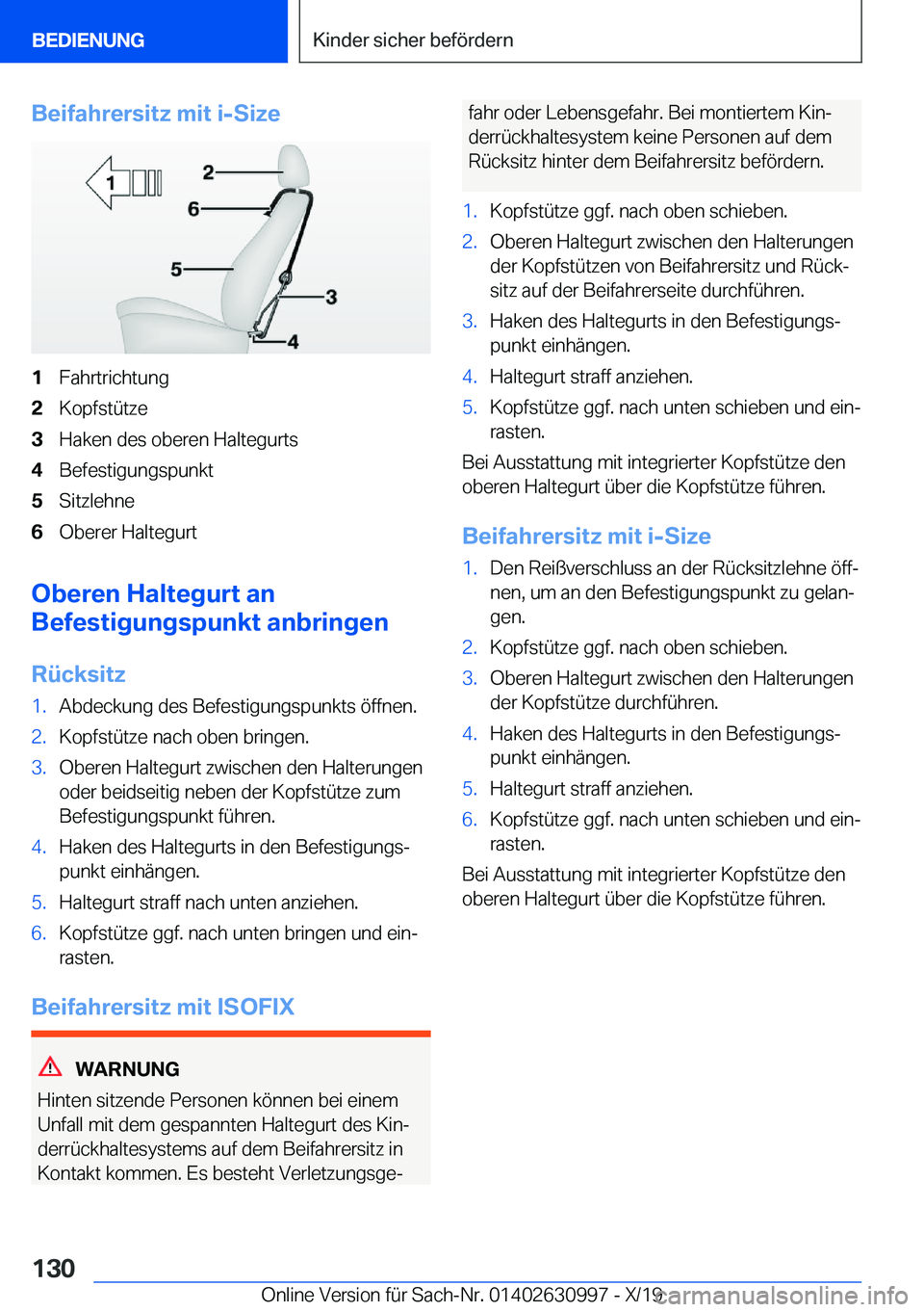 BMW 2 SERIES GRAN COUPE 2020  Betriebsanleitungen (in German) �B�e�i�f�a�h�r�e�r�s�i�t�z��m�i�t��i�-�S�i�z�e�1�F�a�h�r�t�r�i�c�h�t�u�n�g�2�K�o�p�f�s�t�
