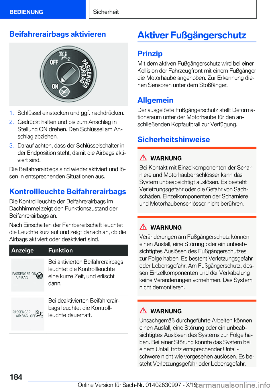 BMW 2 SERIES GRAN COUPE 2020  Betriebsanleitungen (in German) �B�e�i�f�a�h�r�e�r�a�i�r�b�a�g�s��a�k�t�i�v�i�e�r�e�n�1�.�S�c�h�l�