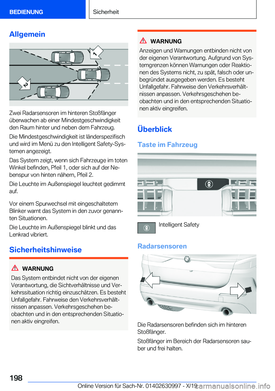 BMW 2 SERIES GRAN COUPE 2020  Betriebsanleitungen (in German) �A�l�l�g�e�m�e�i�n
�Z�w�e�i��R�a�d�a�r�s�e�n�s�o�r�e�n��i�m��h�i�n�t�e�r�e�n��S�t�o�