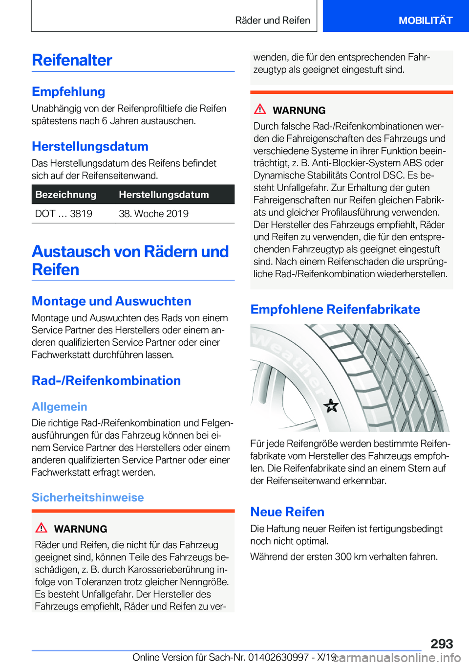 BMW 2 SERIES GRAN COUPE 2020  Betriebsanleitungen (in German) �R�e�i�f�e�n�a�l�t�e�r
�E�m�p�f�e�h�l�u�n�g�U�n�a�b�h�