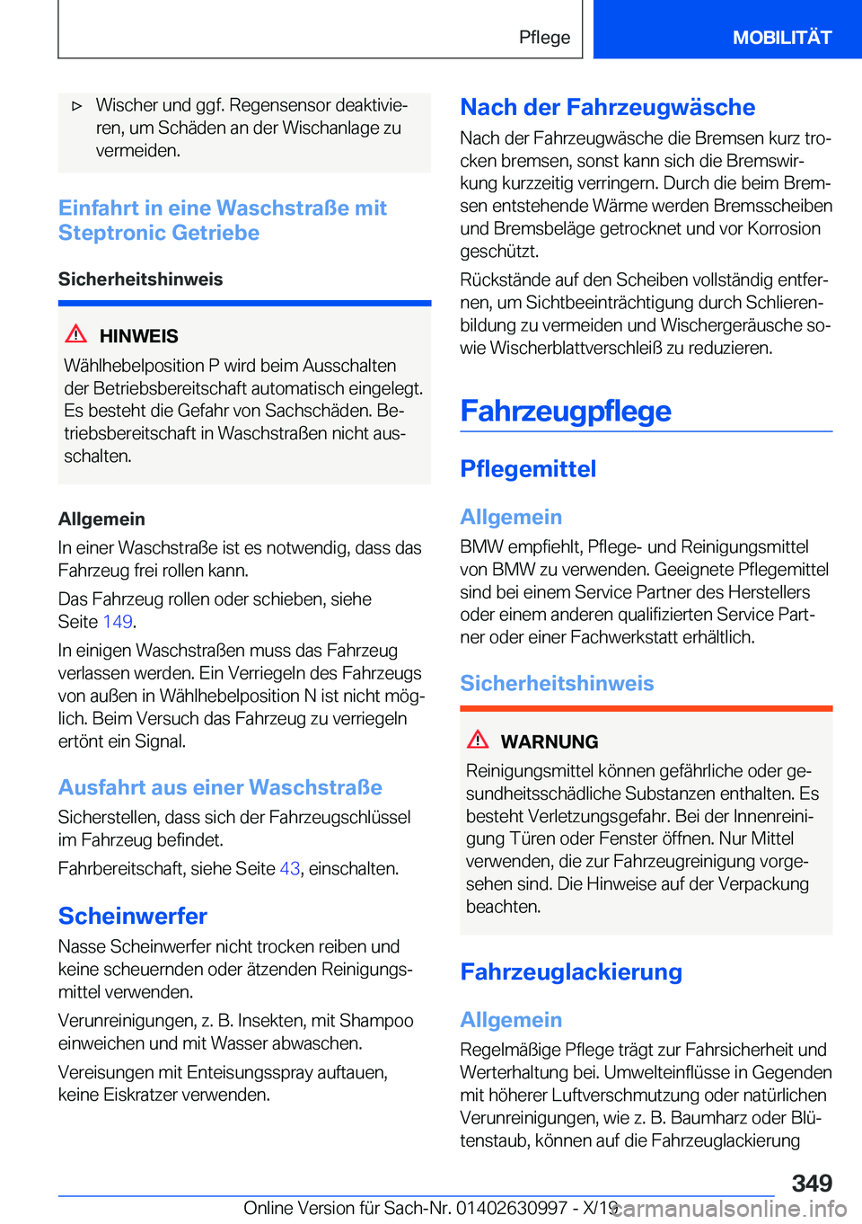 BMW 2 SERIES GRAN COUPE 2020  Betriebsanleitungen (in German) x�W�i�s�c�h�e�r��u�n�d��g�g�f�.��R�e�g�e�n�s�e�n�s�o�r��d�e�a�k�t�i�v�i�ej�r�e�n�,��u�m��S�c�h�