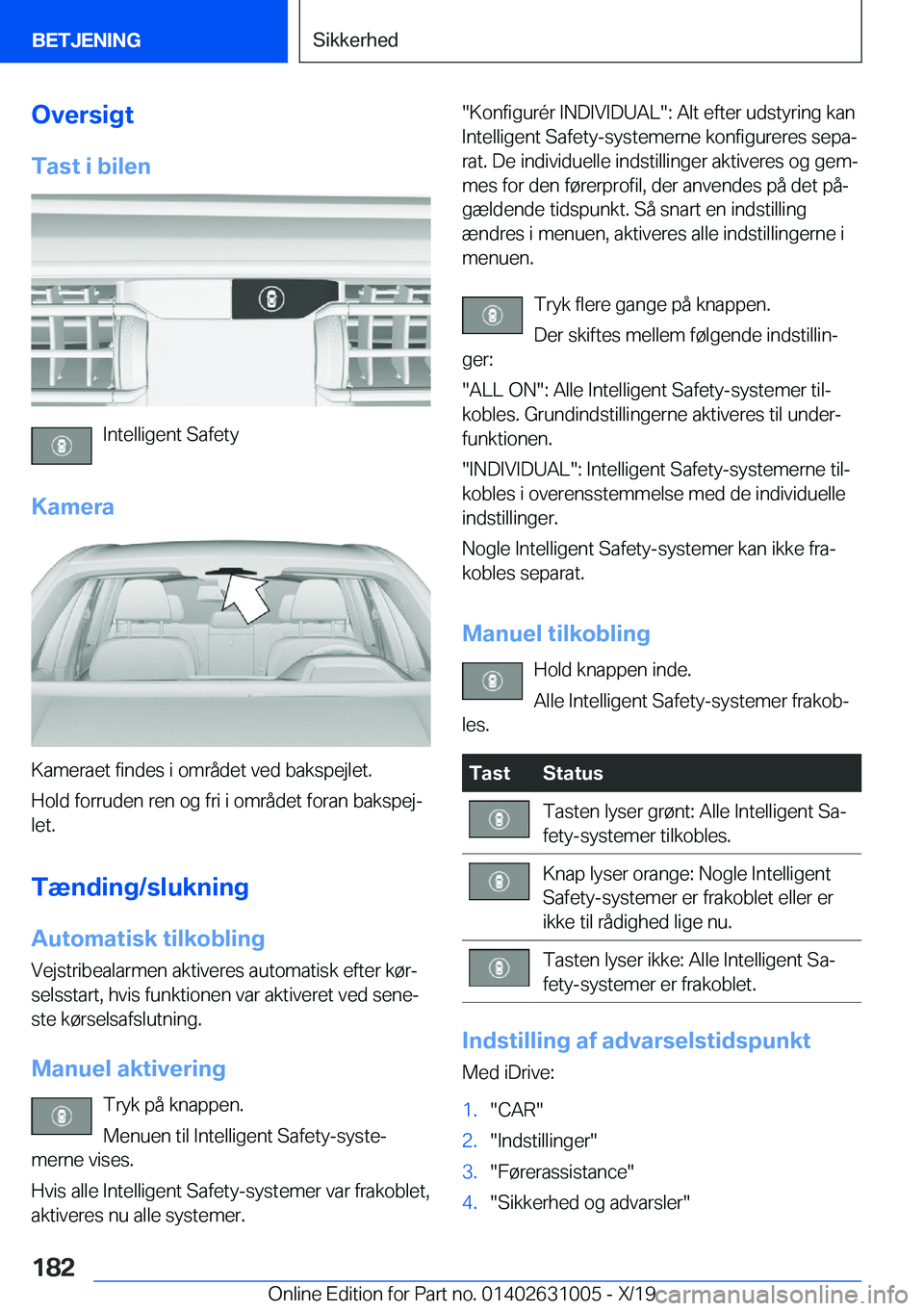 BMW 2 SERIES GRAN COUPE 2020  InstruktionsbØger (in Danish) �O�v�e�r�s�i�g�t
�T�a�s�t��i��b�i�l�e�n
�I�n�t�e�l�l�i�g�e�n�t��S�a�f�e�t�y
�K�a�m�e�r�a
�K�a�m�e�r�a�e�t��f�i�n�d�e�s��i��o�m�r�å�d�e�t��v�e�d��b�a�k�s�p�e�j�l�e�t�.
�H�o�l�d��f�o�r�r�u�d�e
