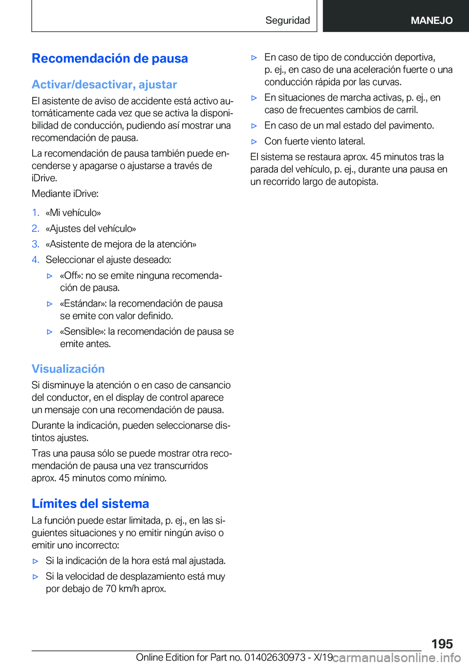BMW 2 SERIES GRAN COUPE 2020  Manuales de Empleo (in Spanish) �R�e�c�o�m�e�n�d�a�c�i�
