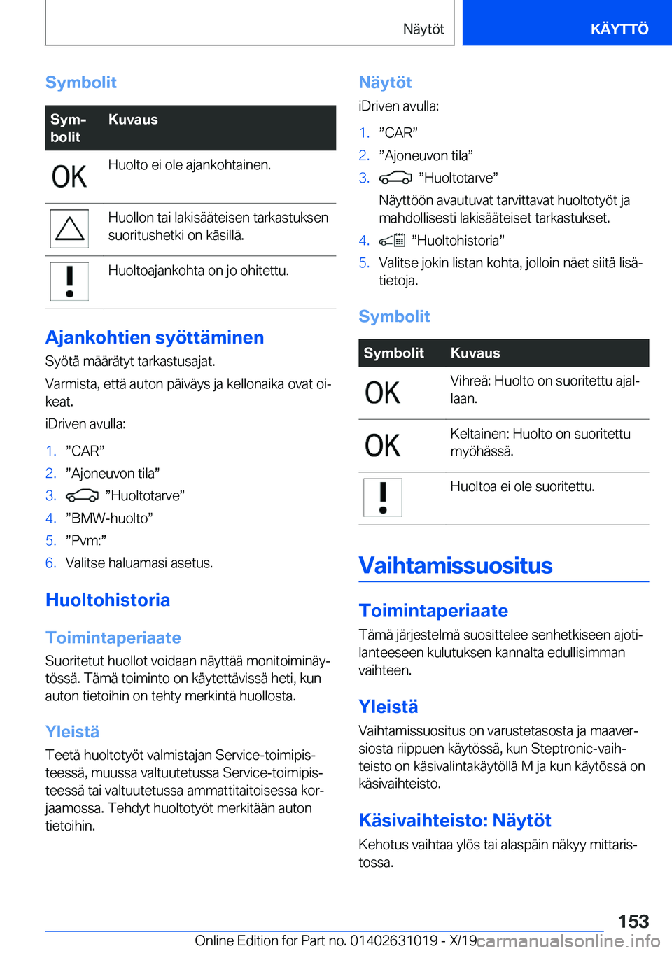 BMW 2 SERIES GRAN COUPE 2020  Omistajan Käsikirja (in Finnish) �S�y�m�b�o�l�i�t�S�y�mj
�b�o�l�i�t�K�u�v�a�u�s�H�u�o�l�t�o��e�i��o�l�e��a�j�a�n�k�o�h�t�a�i�n�e�n�.�H�u�o�l�l�o�n��t�a�i��l�a�k�i�s�