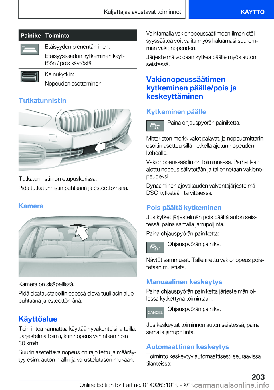 BMW 2 SERIES GRAN COUPE 2020  Omistajan Käsikirja (in Finnish) �P�a�i�n�i�k�e�T�o�i�m�i�n�t�o�E�t�