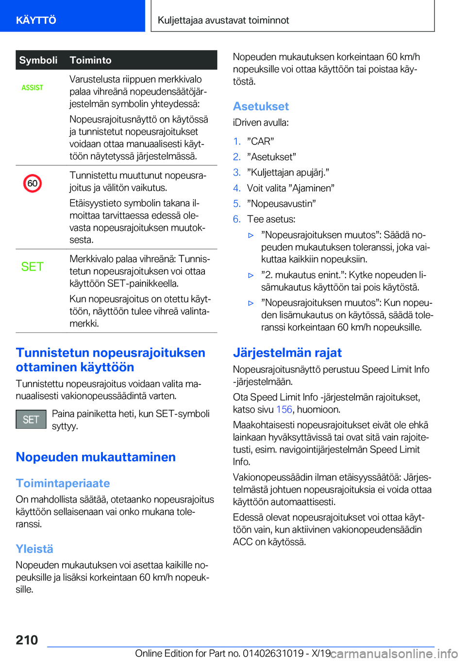 BMW 2 SERIES GRAN COUPE 2020  Omistajan Käsikirja (in Finnish) �S�y�m�b�o�l�i�T�o�i�m�i�n�t�o�V�a�r�u�s�t�e�l�u�s�t�a��r�i�i�p�p�u�e�n��m�e�r�k�k�i�v�a�l�o
�p�a�l�a�a��v�i�h�r�e�