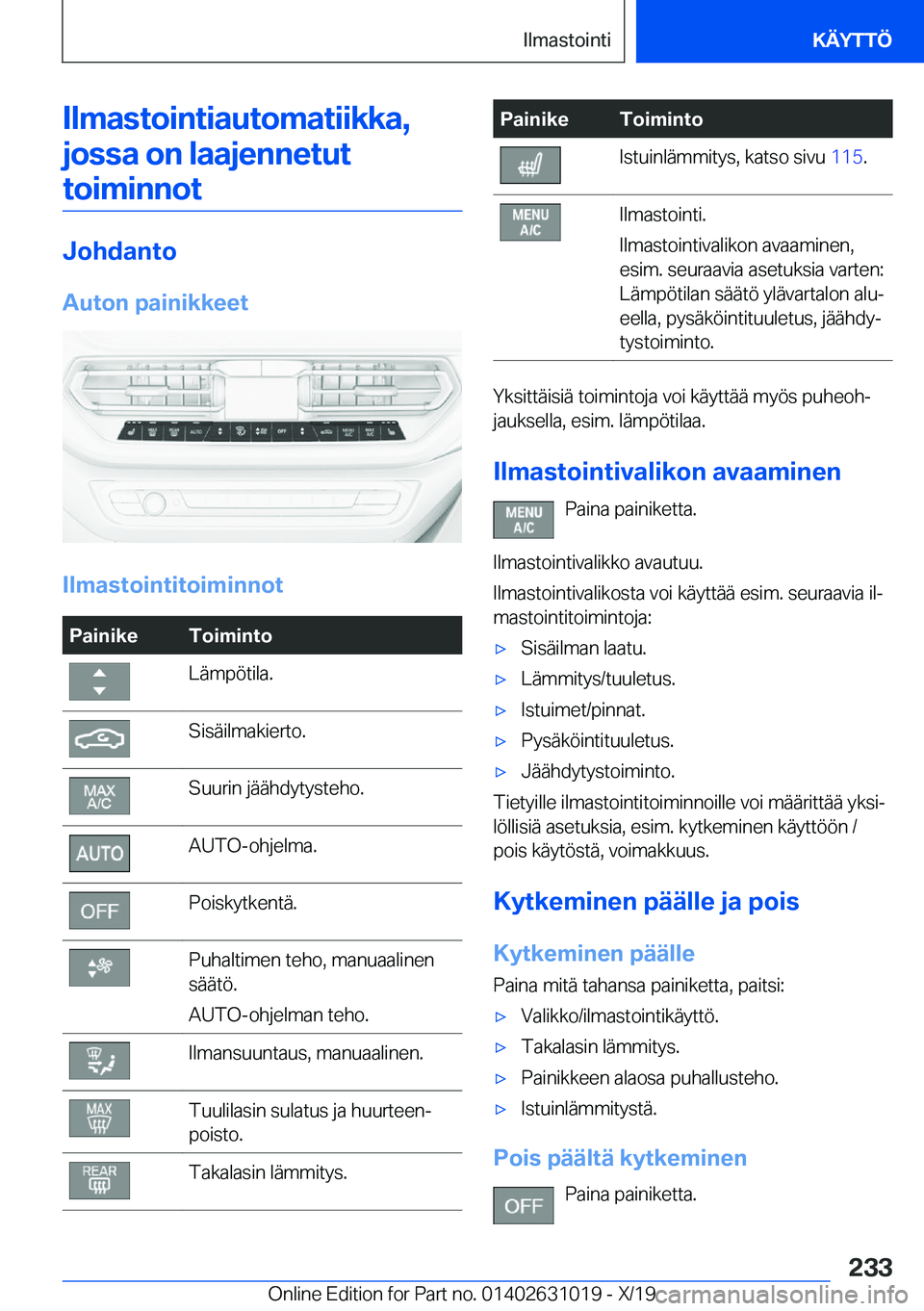 BMW 2 SERIES GRAN COUPE 2020  Omistajan Käsikirja (in Finnish) �I�l�m�a�s�t�o�i�n�t�i�a�u�t�o�m�a�t�i�i�k�k�a�,�j�o�s�s�a��o�n��l�a�a�j�e�n�n�e�t�u�t �t�o�i�m�i�n�n�o�t
�J�o�h�d�a�n�t�o
�A�u�t�o�n��p�a�i�n�i�k�k�e�e�t
�I�l�m�a�s�t�o�i�n�t�i�t�o�i�m�i�n�n�o�t
�