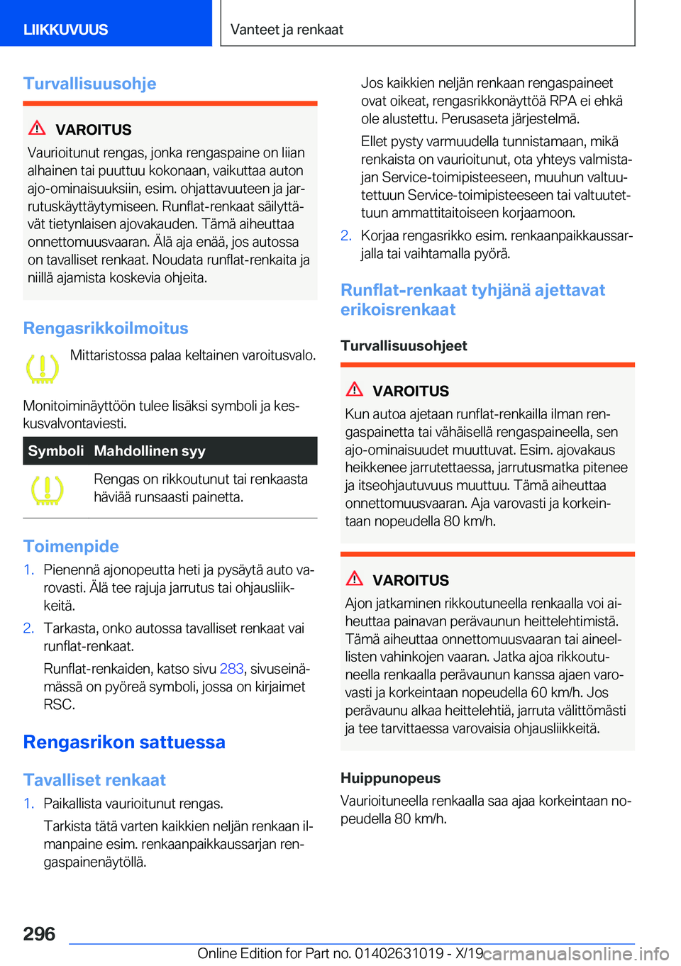 BMW 2 SERIES GRAN COUPE 2020  Omistajan Käsikirja (in Finnish) �T�u�r�v�a�l�l�i�s�u�u�s�o�h�j�e
�V�A�R�O�I�T�U�S
�V�a�u�r�i�o�i�t�u�n�u�t��r�e�n�g�a�s�,��j�o�n�k�a��r�e�n�g�a�s�p�a�i�n�e��o�n��l�i�i�a�n
�a�l�h�a�i�n�e�n��t�a�i��p�u�u�t�t�u�u��k�o�k�o�n�a�
