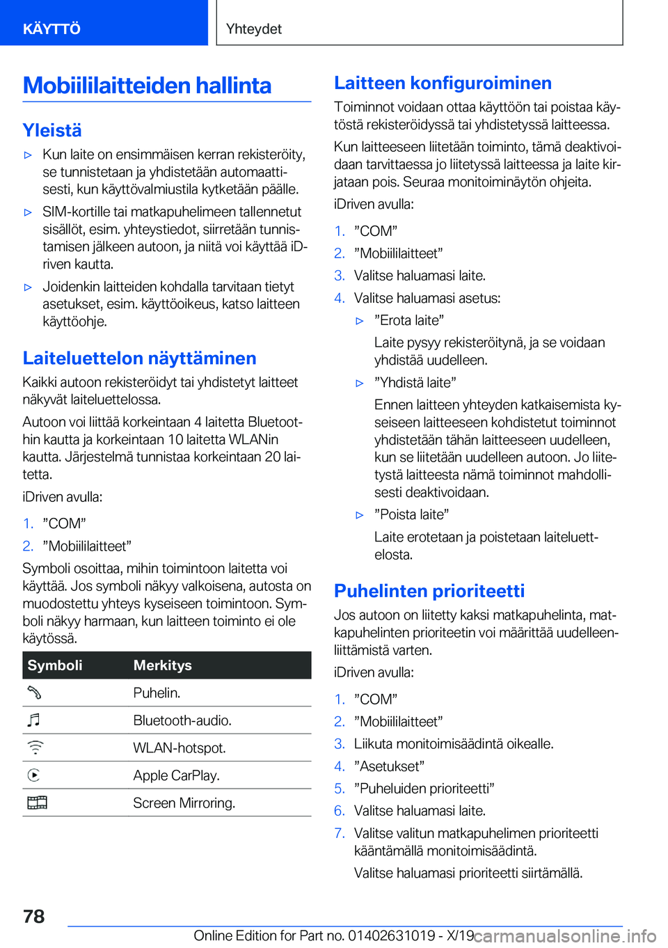 BMW 2 SERIES GRAN COUPE 2020  Omistajan Käsikirja (in Finnish) �M�o�b�i�i�l�i�l�a�i�t�t�e�i�d�e�n��h�a�l�l�i�n�t�a
�Y�l�e�i�s�t�