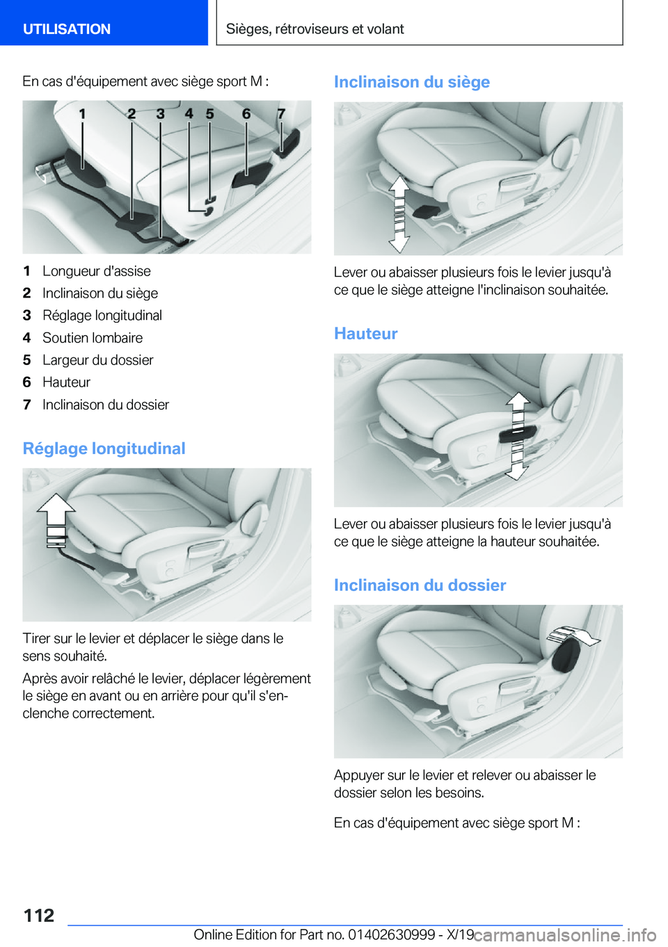BMW 2 SERIES GRAN COUPE 2020  Notices Demploi (in French) �E�n��c�a�s��d�'�é�q�u�i�p�e�m�e�n�t��a�v�e�c��s�i�è�g�e��s�p�o�r�t��M��:�1�L�o�n�g�u�e�u�r��d�'�a�s�s�i�s�e�2�I�n�c�l�i�n�a�i�s�o�n��d�u��s�i�è�g�e�3�R�é�g�l�a�g�e��l�o�n�g�i�t