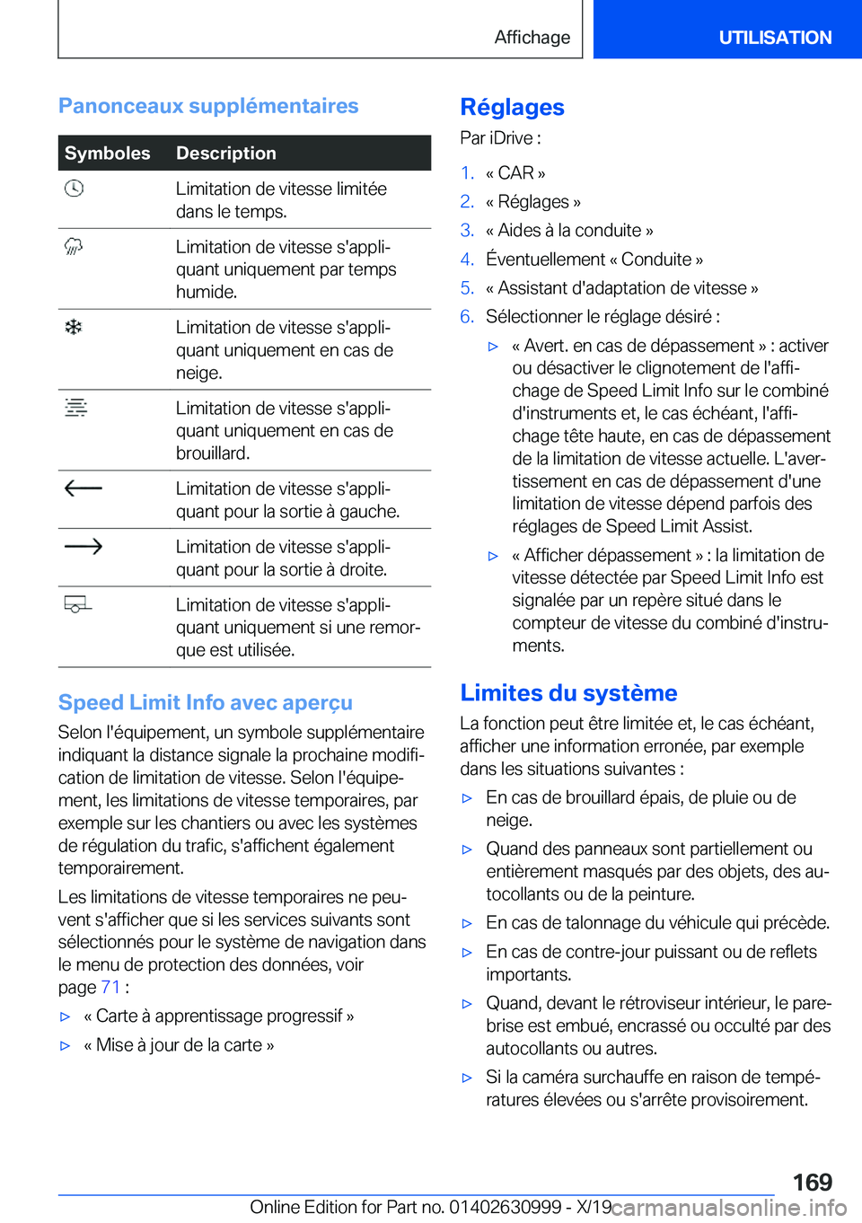 BMW 2 SERIES GRAN COUPE 2020  Notices Demploi (in French) �P�a�n�o�n�c�e�a�u�x��s�u�p�p�l�é�m�e�n�t�a�i�r�e�s�S�y�m�b�o�l�e�s�D�e�s�c�r�i�p�t�i�o�n��L�i�m�i�t�a�t�i�o�n��d�e��v�i�t�e�s�s�e��l�i�m�i�t�é�e
�d�a�n�s��l�e��t�e�m�p�s�.��L�i�m�i�t�a�t�i�
