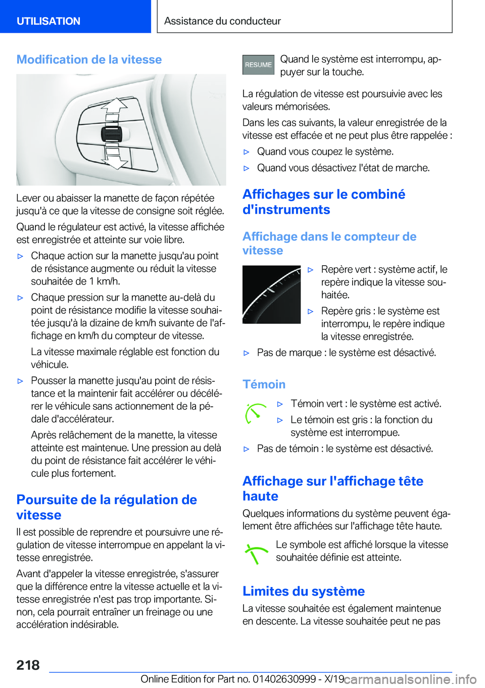 BMW 2 SERIES GRAN COUPE 2020  Notices Demploi (in French) �M�o�d�i�f�i�c�a�t�i�o�n��d�e��l�a��v�i�t�e�s�s�e
�L�e�v�e�r��o�u��a�b�a�i�s�s�e�r��l�a��m�a�n�e�t�t�e��d�e��f�a�ç�o�n��r�é�p�é�t�é�e
�j�u�s�q�u�'�