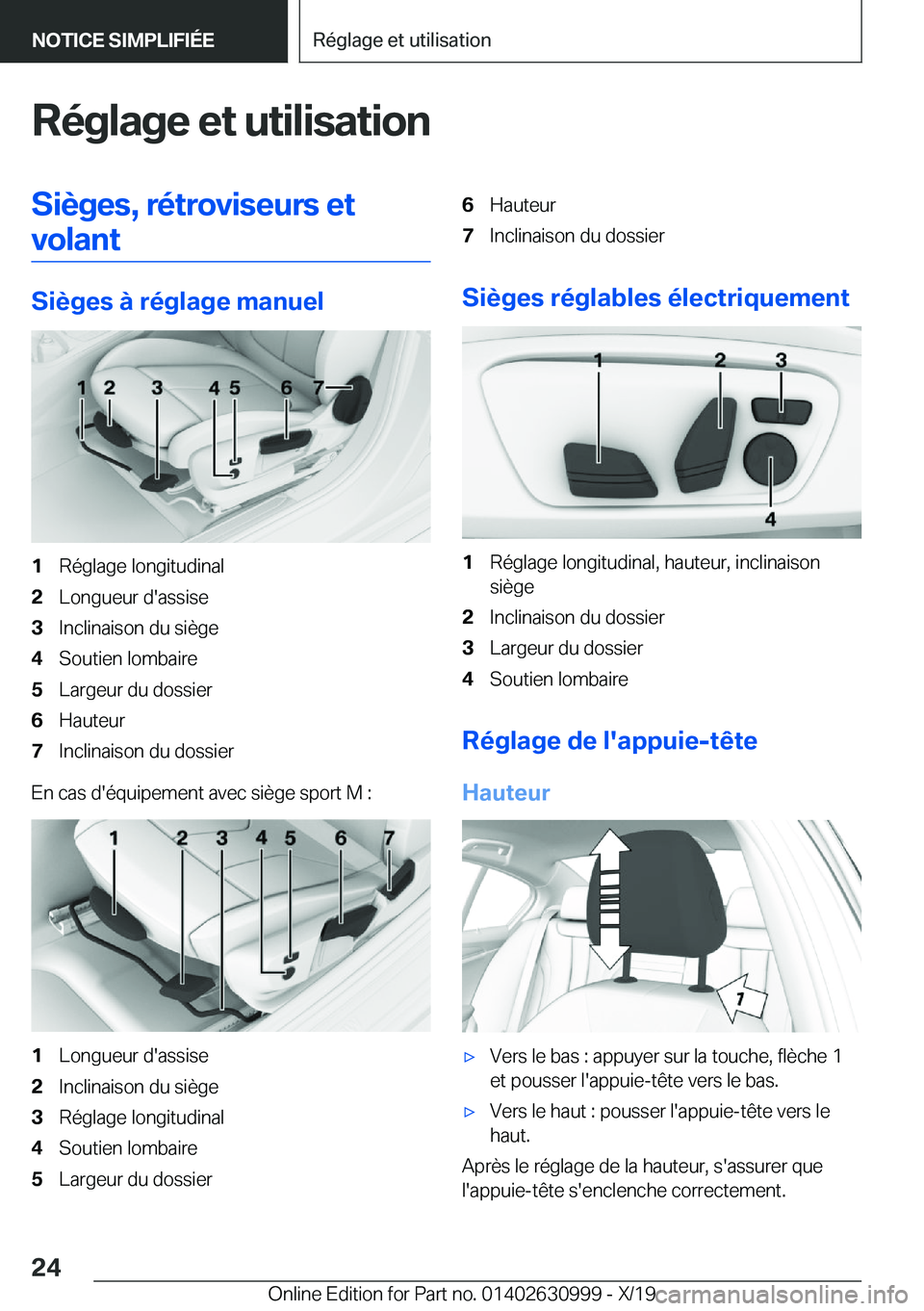 BMW 2 SERIES GRAN COUPE 2020  Notices Demploi (in French) �R�é�g�l�a�g�e��e�t��u�t�i�l�i�s�a�t�i�o�n�S�i�è�g�e�s�,��r�é�t�r�o�v�i�s�e�u�r�s��e�t�v�o�l�a�n�t
�S�i�è�g�e�s��