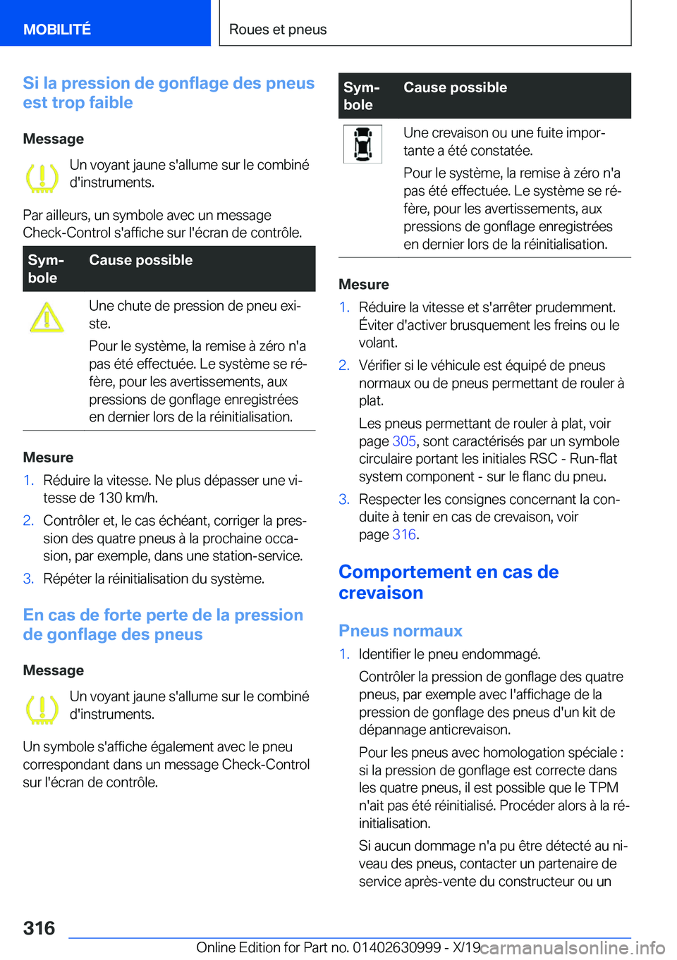 BMW 2 SERIES GRAN COUPE 2020  Notices Demploi (in French) �S�i��l�a��p�r�e�s�s�i�o�n��d�e��g�o�n�f�l�a�g�e��d�e�s��p�n�e�u�s
�e�s�t��t�r�o�p��f�a�i�b�l�e
�M�e�s�s�a�g�e �U�n��v�o�y�a�n�t��j�a�u�n�e��s�'�a�l�l�u�m�e��s�u�r��l�e��c�o�m�b�i�n�