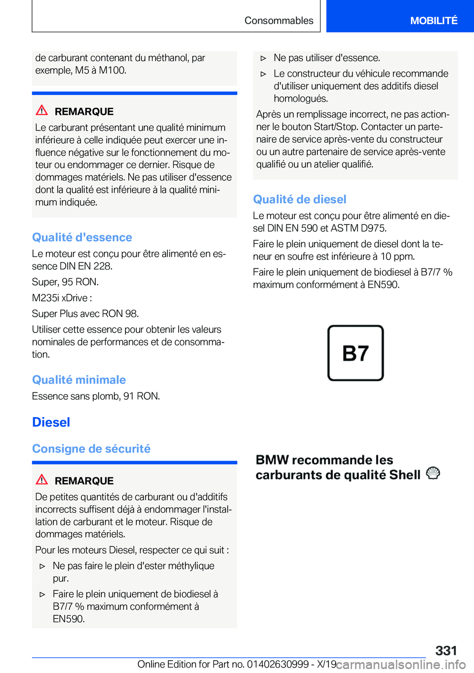 BMW 2 SERIES GRAN COUPE 2020  Notices Demploi (in French) �d�e��c�a�r�b�u�r�a�n�t��c�o�n�t�e�n�a�n�t��d�u��m�é�t�h�a�n�o�l�,��p�a�r�e�x�e�m�p�l�e�,��M�5��